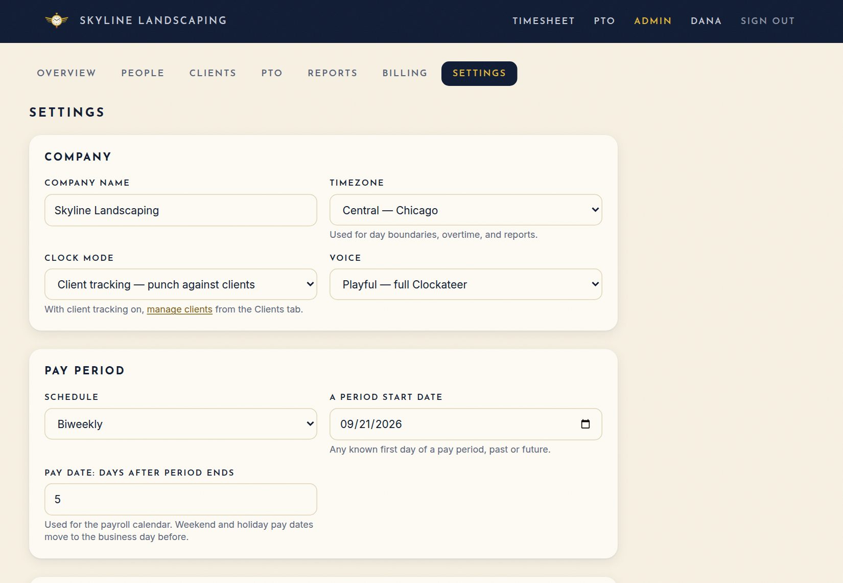 Settings: company, pay period, overtime, payroll export and PTO.
