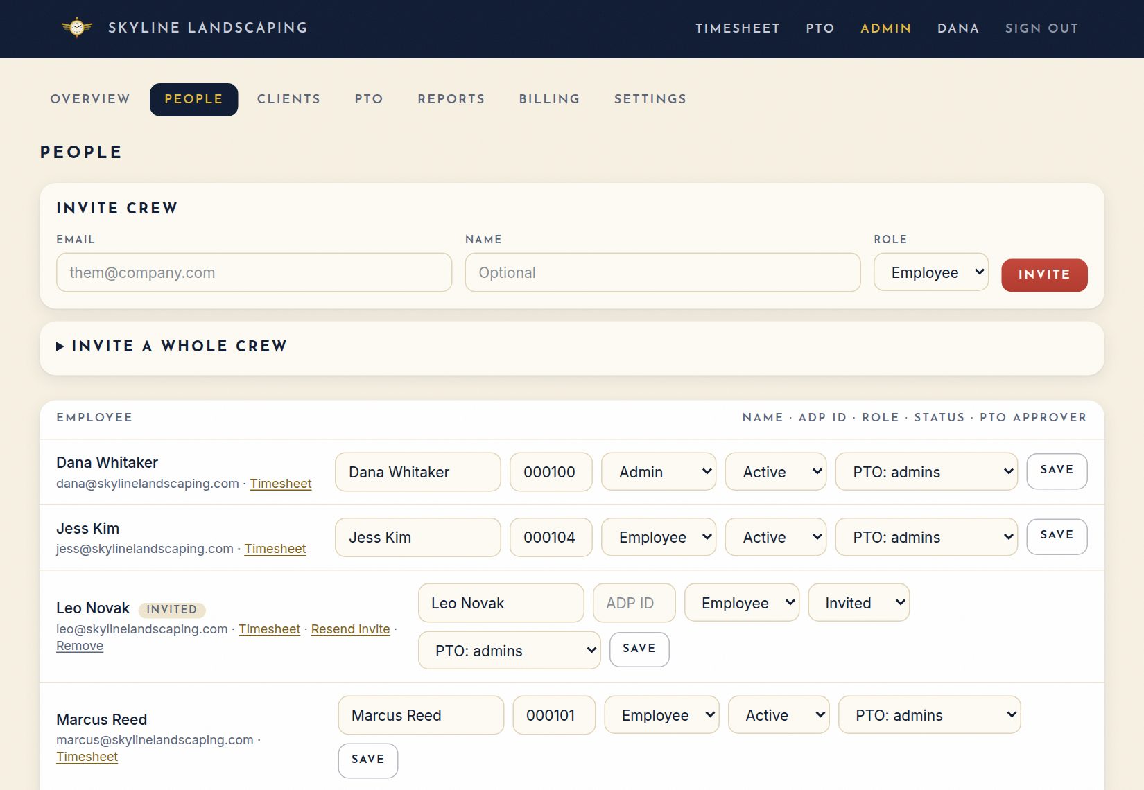 People: invite crew and edit each person on the roster.