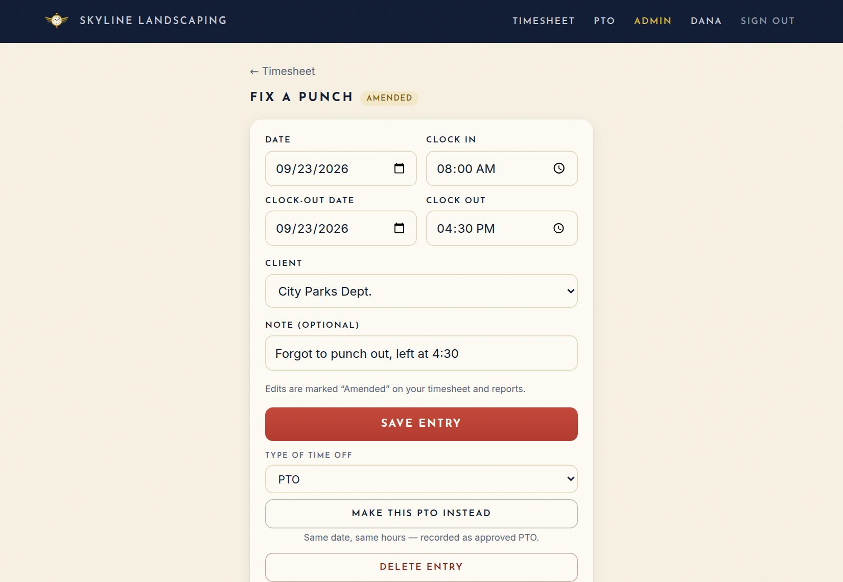 Fix a punch: change the times, client or note, then Save entry.