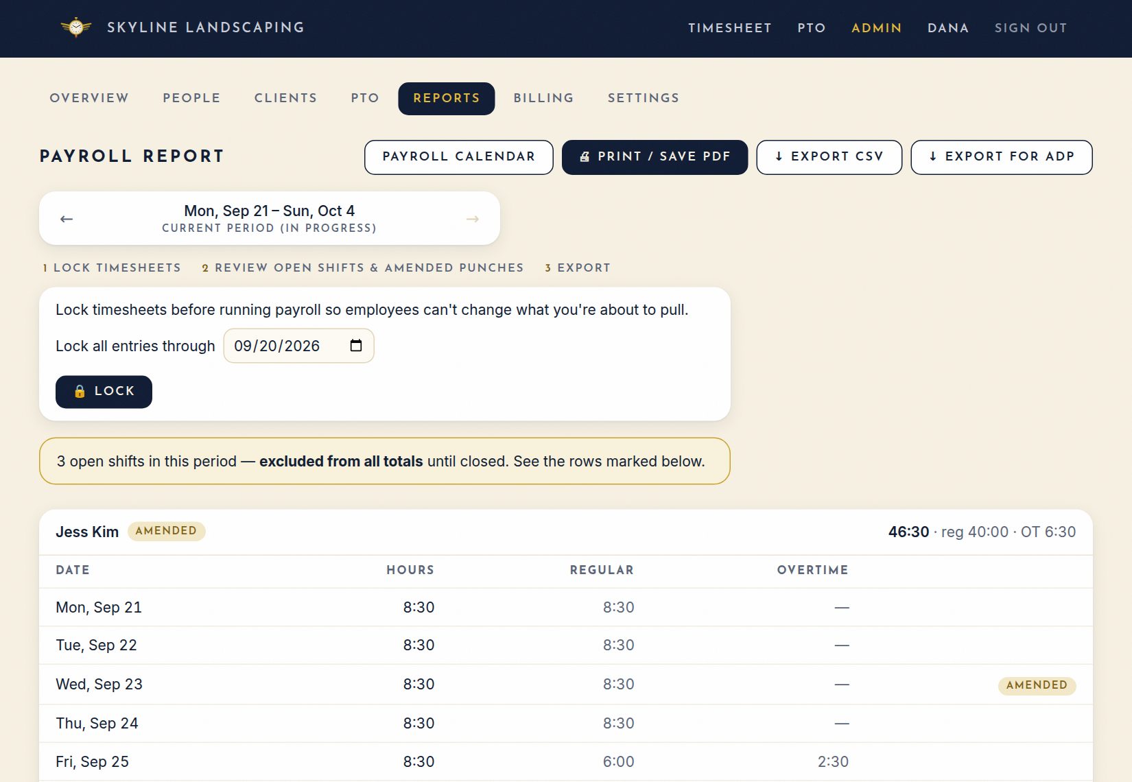 Payroll report: lock, review, then export.