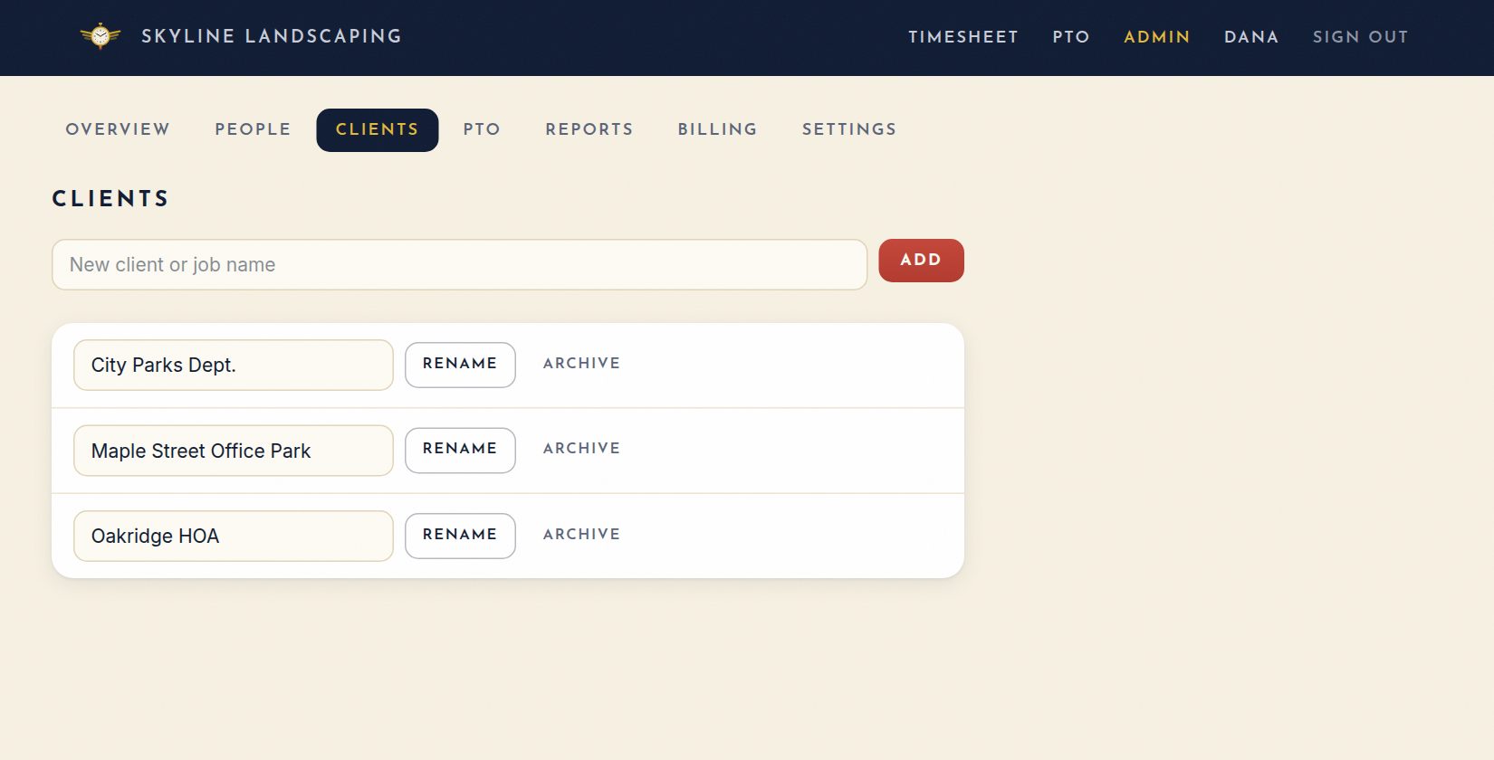 Clients: add, rename or archive clients and jobs.