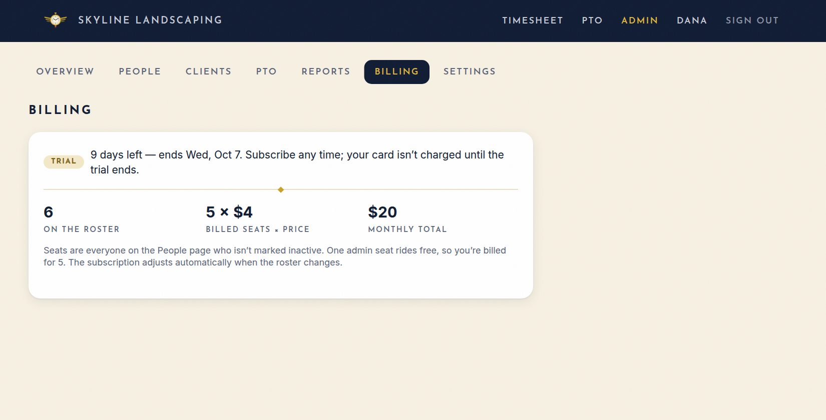 Billing: plan status, seats and monthly total.